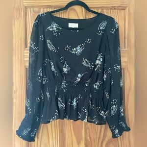 MELLODAY Black Blouse with Blue Floral Design